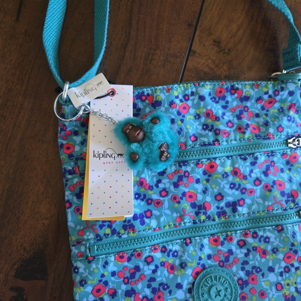 Kipling Keiko Crossbody Lightweight Shoulder Bag Teal Floral Print Monkey Charm - Picture 5 of 8